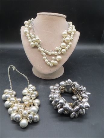 2 Cluster Faux Pearl Necklaces & Continuous Love Hearts Bracelet