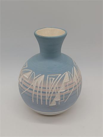 Light Blue Navajo Pottery Etched Vase Pot Artisan Signed Phillips USA
