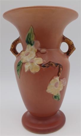 Vintage Roseville Pink Red Apple Blossom Double Handle Vase 385-8