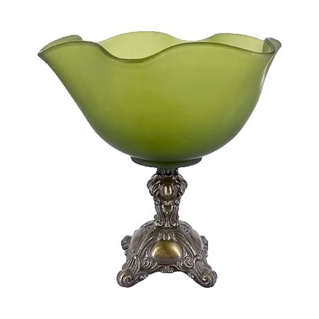 Hollywood Regency Frosted Green Glass Centerpiece Pedestal Dish
