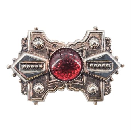 Vintage Two Tone Red Glass Hollow Concho Brooch