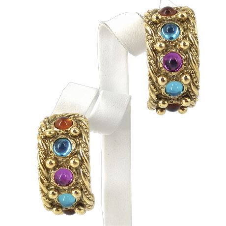 Vintage Gold Tone Cabochon Earrings Colorful Jewel Tone Wide Hoop Statement