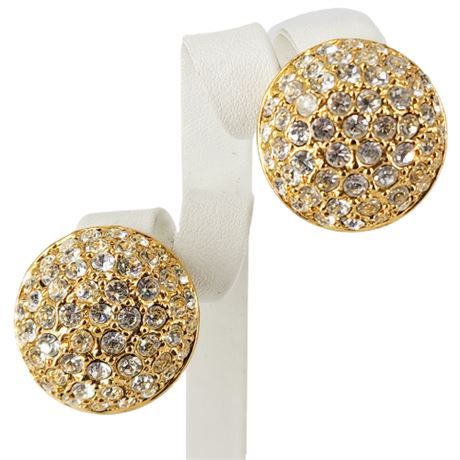Vintage Gold Tone Rhinestone Pave Dome Clip Earrings