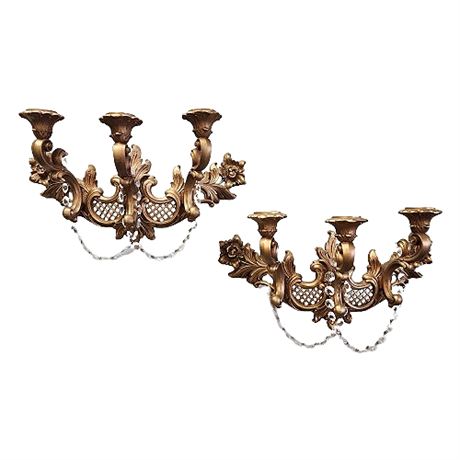 Pair Syroco Hollywood Regency 3 Light Gilded Sconces w/ Crystal Swags