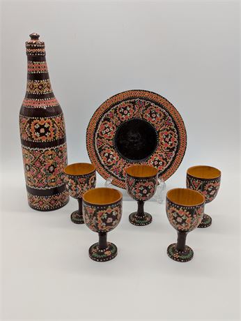 Ukraine Detailed Hand Painted Wood Bottle Plate and 5 Goblets/Cups Hand Made