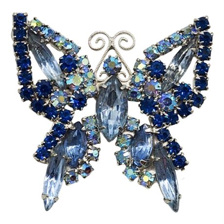 Vintage Blue & Aurora Borealis Rhinestone Butterfly Brooch