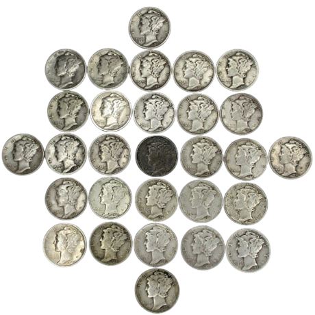 1920-1945 Lot of 29 MERCURY Dimes- 90% Silver 71.1 grams