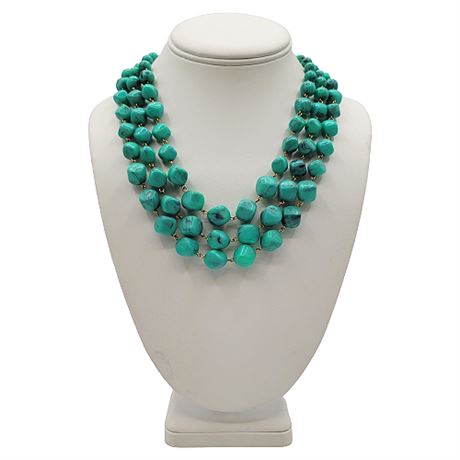 Vintage Mid-Century 3-Strand Faux Turquoise Nugget Statement Necklace