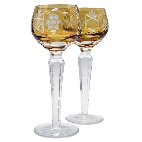 Pair Bohemian Amber Cut-to-Clear Crystal Grape Cordial Glasses, 1 of 3