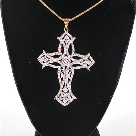 Large Ornate Filigree Cross Pendant Necklace – Gold-Tone with Clear Rhinestones
