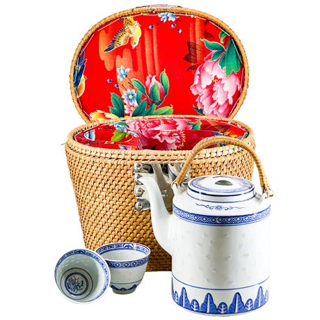 Vintage Chinese Ceramic Travel Tea Set & Basket