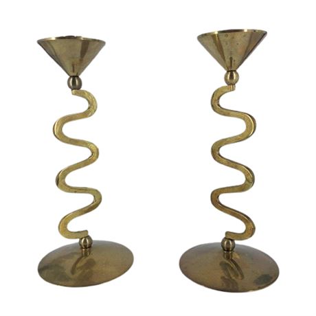 Pair of Vintage Brass Squiggle Candle Holders