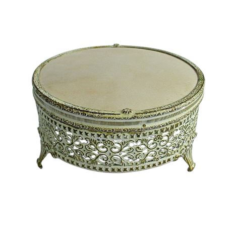 VTG Hollywood Regency Brass & Glass Footed Vanity Powder - Trinket Jewelry Box