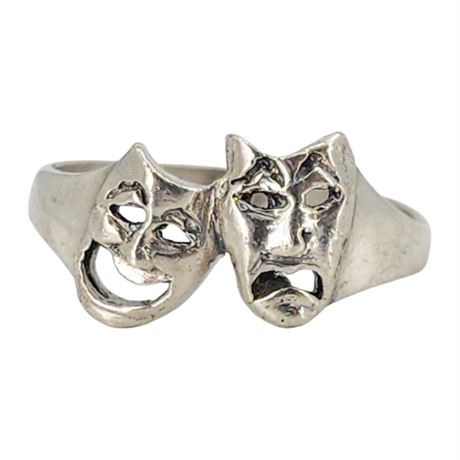 Vintage Sterling Silver Comedy & Tragedy Masks Ring, Sz 6.25