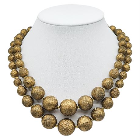 Vintage West German Two-Strand Chunky Textured Gold Tone Bead Necklace