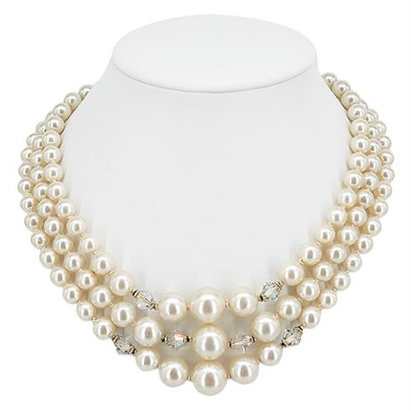 Vintage JAPAN 3-Strand Chunky Faux Pearl & Aurora Crystal Beaded Necklace