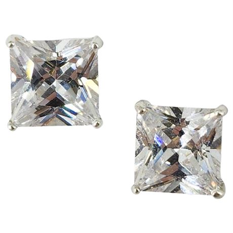 Signed FUZION CREATIONS Sterling Silver 8mm Princess Cut CZ Earrings