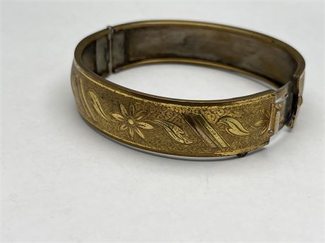 Patent Pending etched goldtone, cuff bracelet