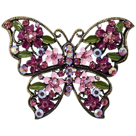 Vintage Inspired Pink Rhinestone & Enamel Floral Butterfly Brooch