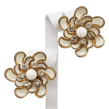 Vintage CORO Rhinestone & Enamel Large Flower Clip Earrings