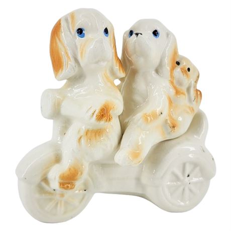 Vintage Ceramic Puppies on Tricycle Salt & Pepper Shaker Set