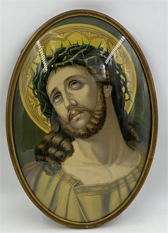 Old Convex Glass Catholic Sorrowful Jesus Framed Art