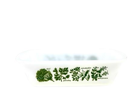 Vtg Jeanette Glas-Bake Green Herbs Milkglass Loaf Dish - J522 1.5Q