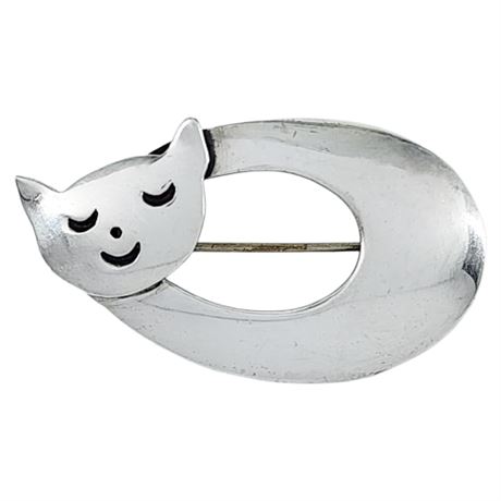 Signed Vintage MARCIELA Sterling Silver Modernist Cat Brooch