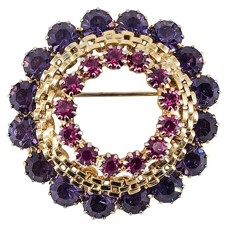 Vintage Purple & Pink Rhinestone Circle Brooch