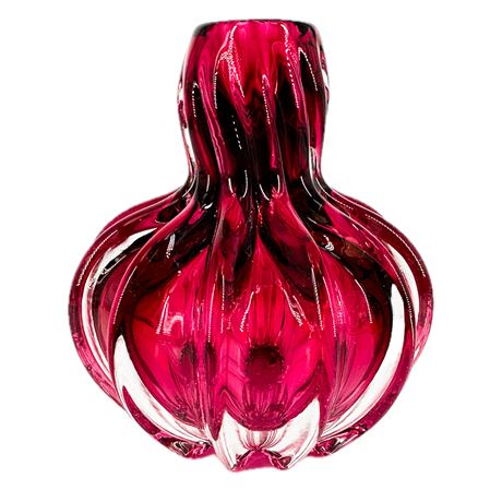 Vintage Red Ribbed Art Glass Bud Vase/ Bottle Signed TM