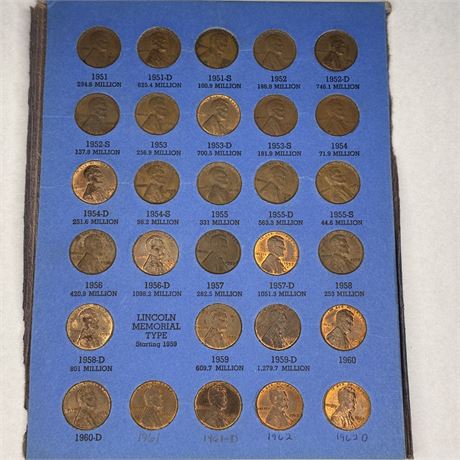 Wheat and Lincoln Memorial Pennies 1951 - 1962D