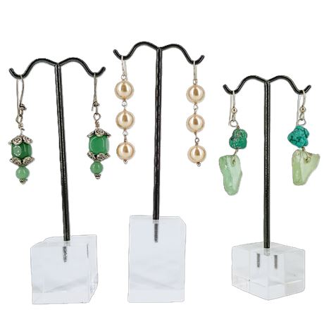 Lot of 3 Earrings, Green Stone, Faux Pearl, Beaded