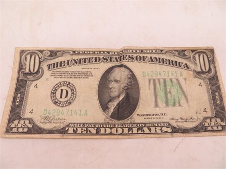 1934 A $10 Federal Reserve Note # D 42947141 A