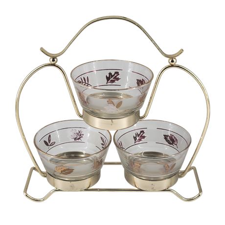 MCM Libbey Frosted Glass Gold Leaf 3-Part Condiment Set w/Gold Toned Metal Stand