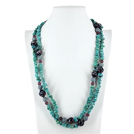 Vintage 58 Inch Turquoise & Art Glass Beaded Necklace
