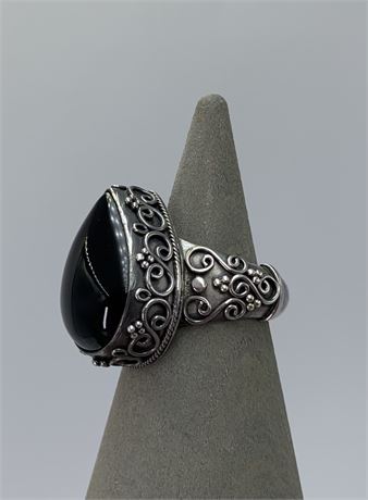 Gothic Teardrop Onyx & Ornately Detailed Sterling Ring