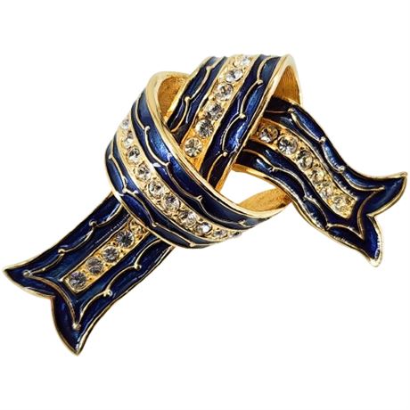 Signed Vintage JOAN RIVERS Enamel & Rhinestone Ribbon Knot Brooch