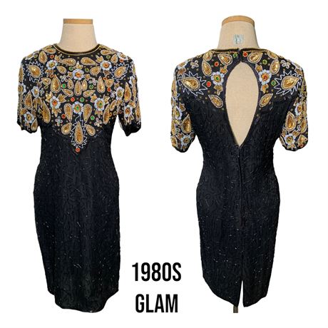 1980s Designer Stenray Glass Bead & Sequin Encrusted Silk Dress