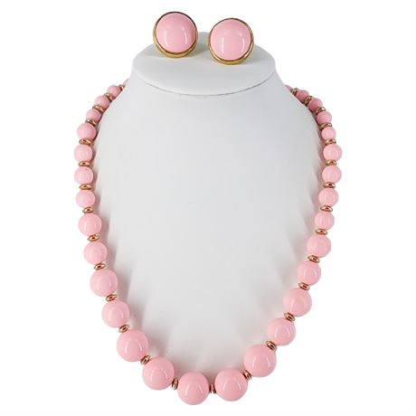 Vintage Barbie Pink Beaded Necklace & Clip Earrings Set
