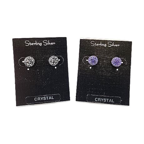 2 Pairs NEW Sterling Silver Crystal Pave Stud Earrings