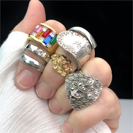 Vintage Jewelry Lot- Rings Color Block Baguettes, W Germany Leaf, Nugget, Spoon