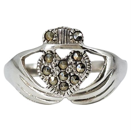 Signed Marsala Sterling Silver Marcasite Claddagh Ring, Sz 8