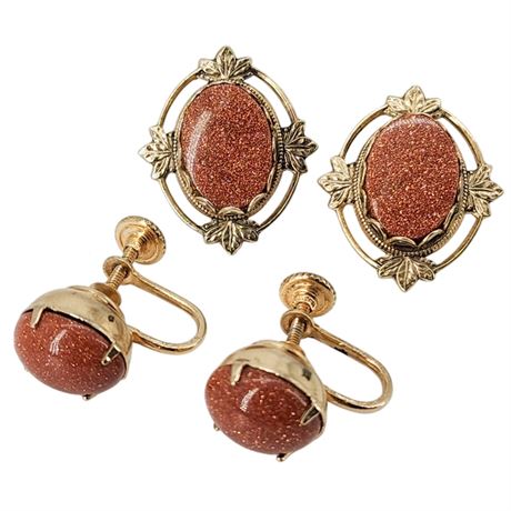 Vintage Gold Tone Goldstone Clip/Screwback Earrings, 2 Pairs