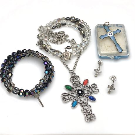 Vintage Religious Lot- Sterling Medal Bead Bracelets, AVON Cross Necklace +More