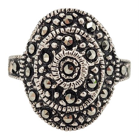 Vtg Sterling Silver Marcasite Shield Ring, Sz 6.75, Flawed