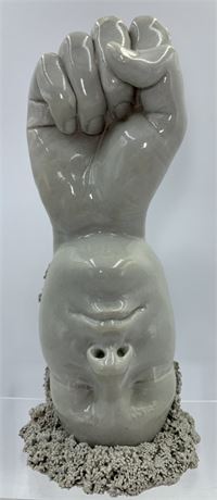 Unique 1973 Signed Danche Human Face & Hand Pottery Sculpture