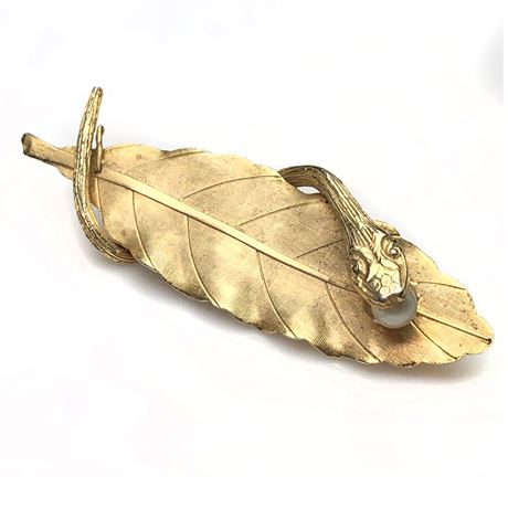 Vintage Gold Tone Snake Brooch with Pearl In Mouth