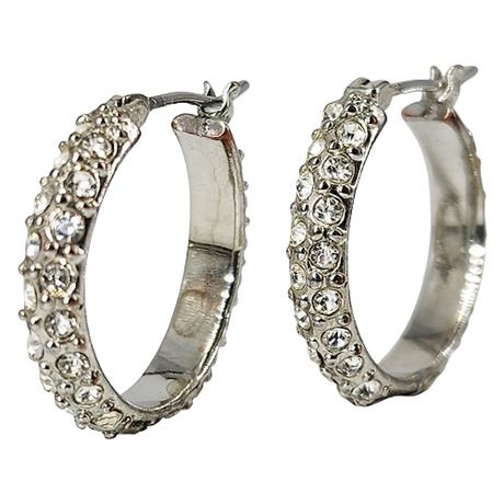 Vintage Silver Tone Rhinestone Hoop Earrings