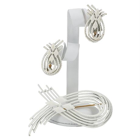 Vtg MONET White Enameled Ribbon Brooch & Clip Earrings Set