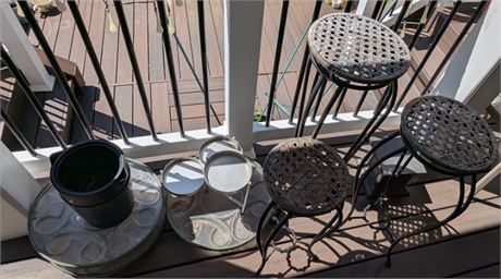 Lot 3 Tall Matching Brown Patio Planters and Misc. Garden Items